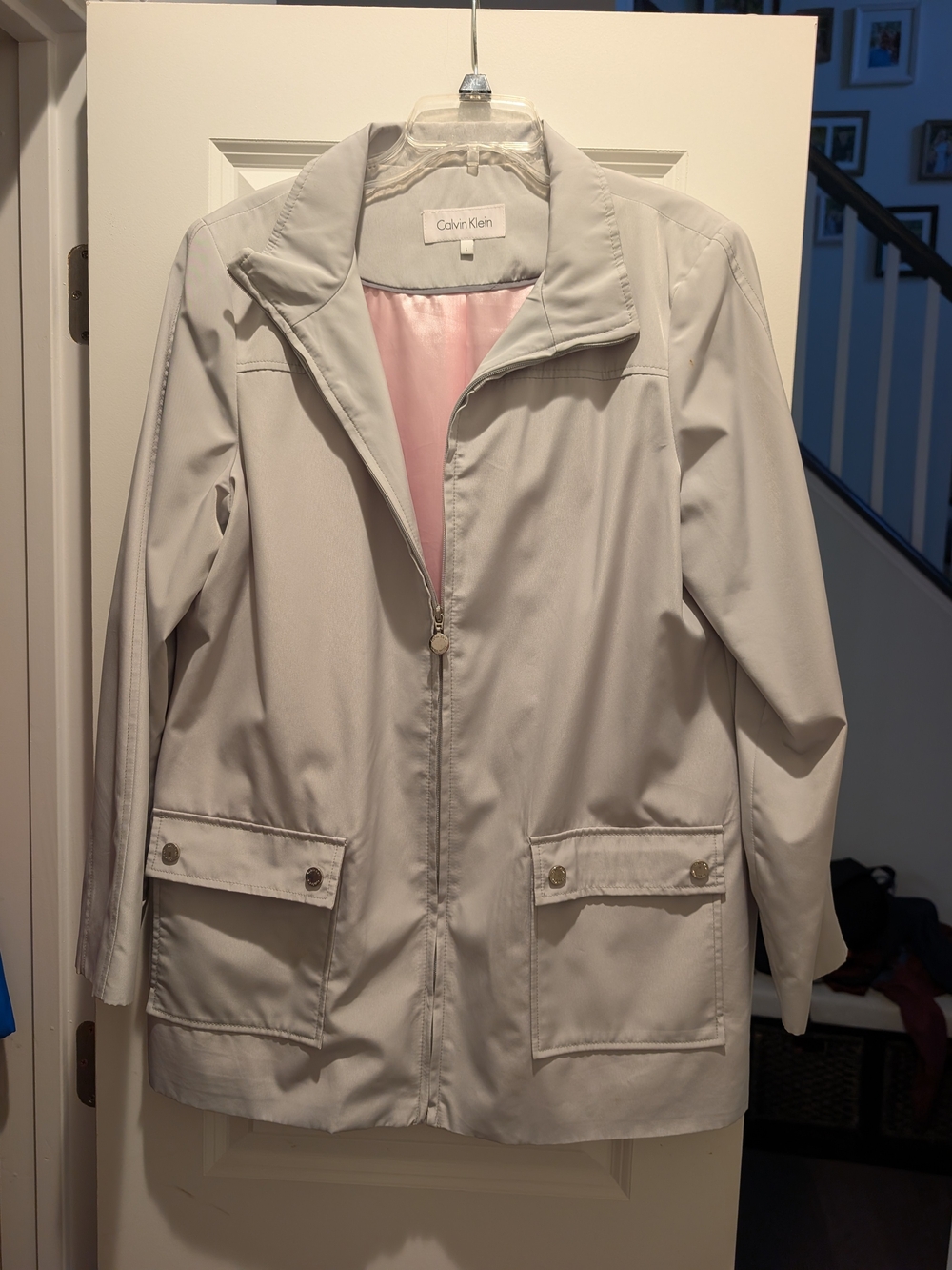 Calvin Klein Light Gray Blue Short Trench Coat with Pink Lining